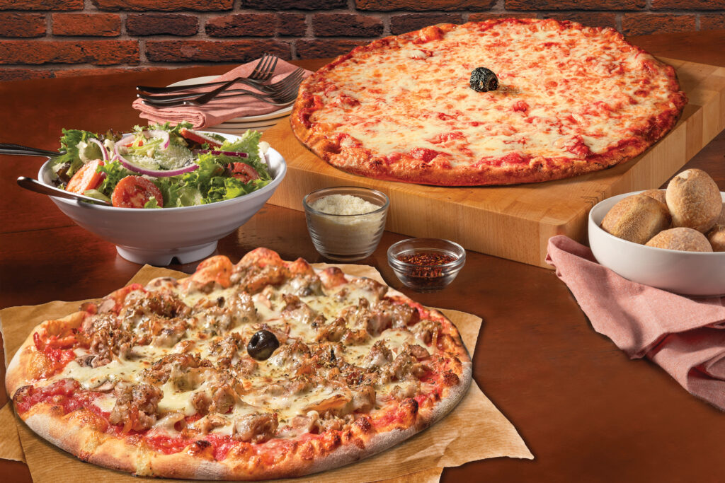 A cheese and 2-topping choose your own pizza with a side insalata to share