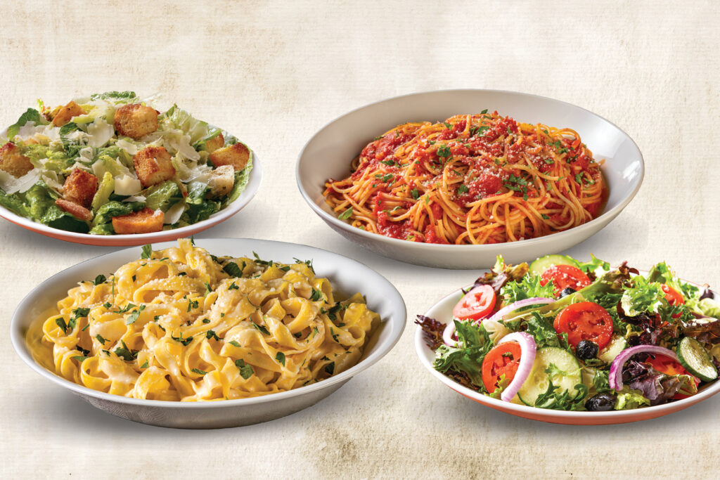 Four dishes from Bertucci's 2 for $25 special, featuring Caesar salad, Insalata, Spaghetti Pomodoro, and Fettuccine Alfredo.